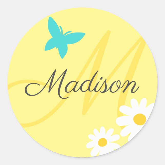 Pastel Yellow Butterfly Daisy Cute Custom Name Classic Round Sticker (Front)