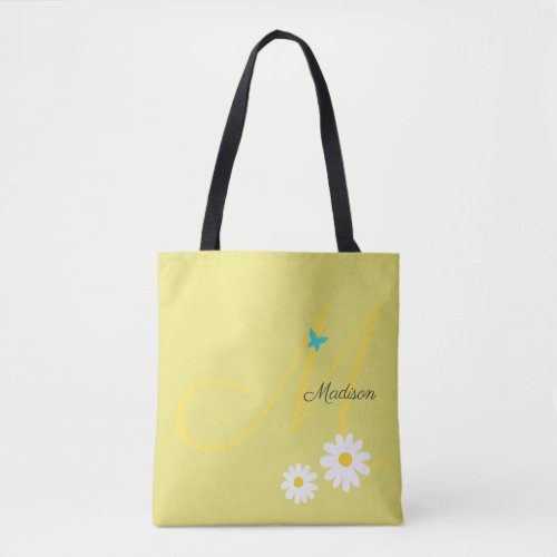 Pastel Yellow Butterfly Daisy Cute Custom Name Tote Bag