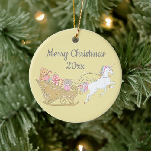 Pastel Yellow Christmas Unicorn Santas Sleigh Ceramic Ornament