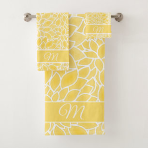 Pastel yellow dahlias monogram bath towel set