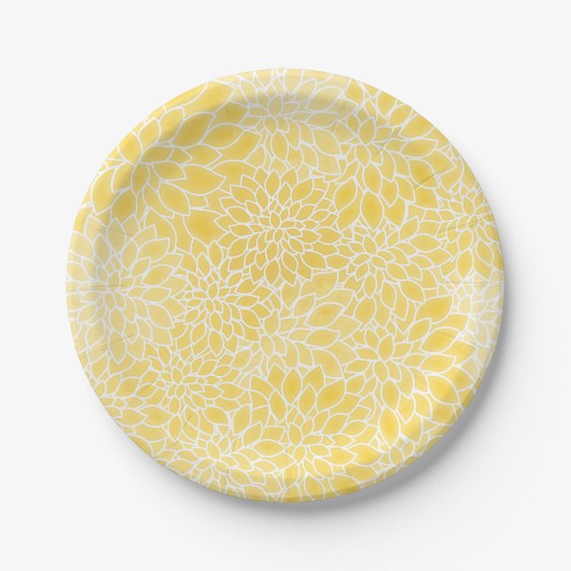 Pastel yellow dahlias paper plates (Front)