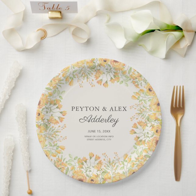 Pastel Yellow Floral Wedding Reception Rehearsal  Paper Plates (Wedding)