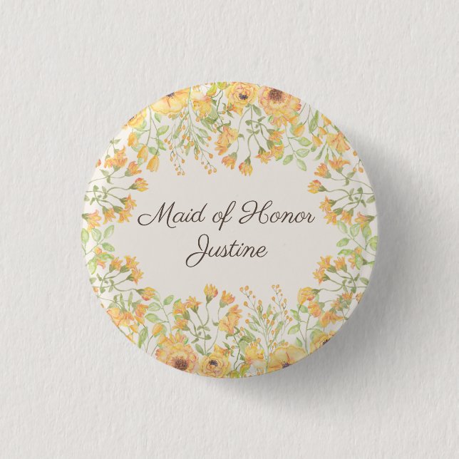 Pastel Yellow Flowers Maid of Honor Button (Front)