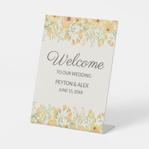 Pastel Yellow Flowers Welcome Wedding Bride Groom Pedestal Sign