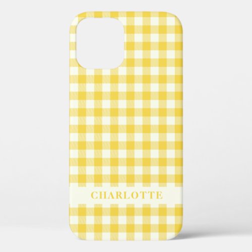 Pastel Yellow Gingham Buffalo Check Plaid Name   iPhone 12 Pro Case