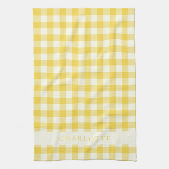 Pastel Yellow Gingham Buffalo Check Plaid Name Kitchen Towel (Vertical)