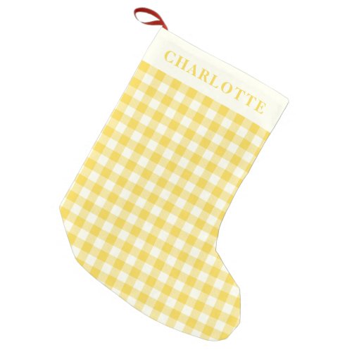 Pastel Yellow Gingham Buffalo Check Plaid Name Small Christmas Stocking