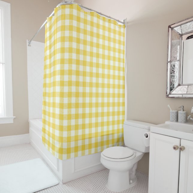 Pastel Yellow Gingham Buffalo Check Plaid Pattern  Shower Curtain (In Situ)