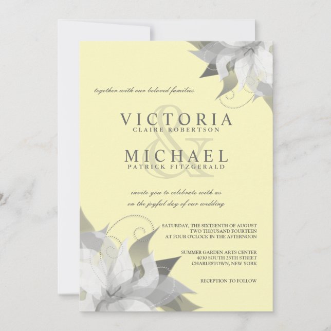 Pastel Yellow Gray Floral Wedding Invitations (Front)