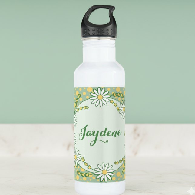 Pastel Yellow Green Custom Daisy Stainless Steel Water Bottle (Daisies and dots in green and yellow pastel colors hand drawn for your pleasure.)