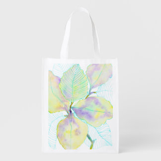 Pastel Yellow Green Watercolor Botanical Leaves Grocery Bag