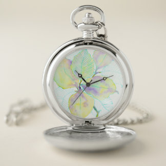 Pastel Yellow Green Watercolor Botanical Leaves Pocket Watch