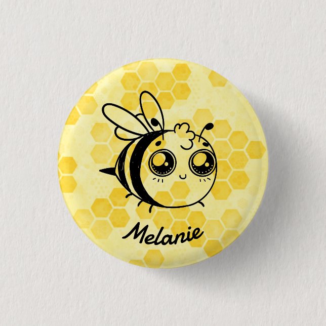Pastel Yellow Honeycomb Cute Bee Personalised Button (Front)