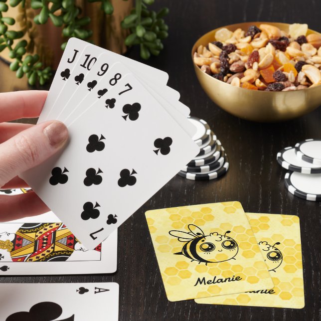 Pastel Yellow Honeycomb Cute Bee Personalised Poker Cards (In Situ)