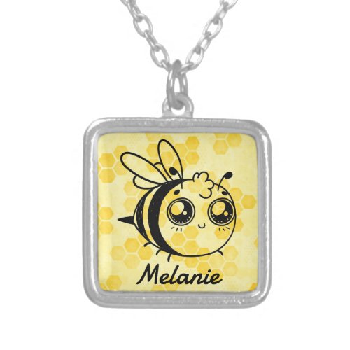 Pastel Yellow Honeycomb Cute Bee Personalised Silver Plated Necklace