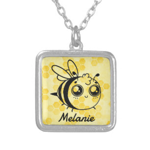 Pastel Yellow Honeycomb Cute Bee Personalised Silver Plated Necklace