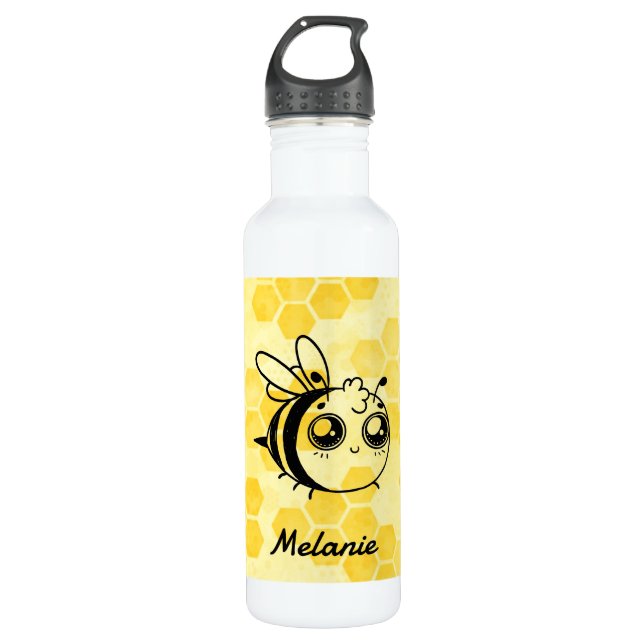 Pastel Yellow Honeycomb Cute Bee Personalised Stainless Steel Water Bottle (Front)