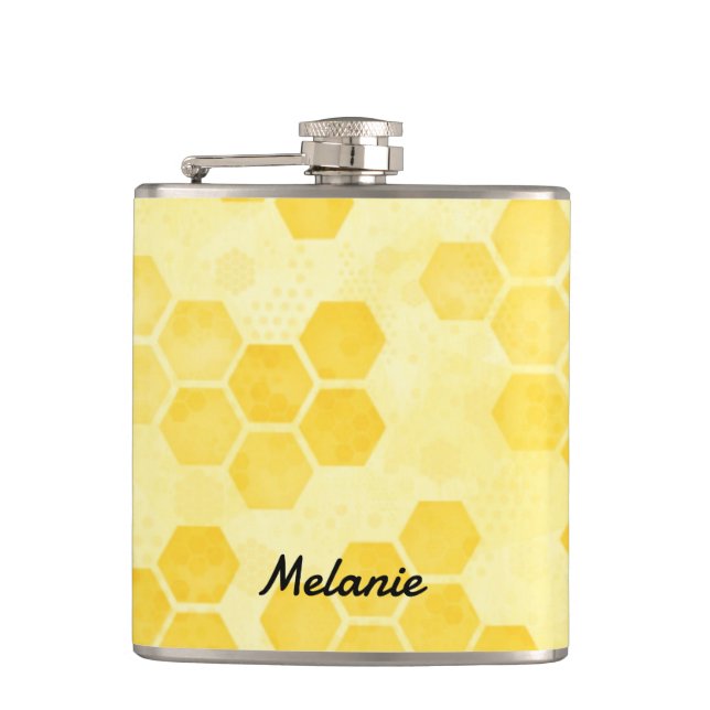 Pastel Yellow Honeycomb Pattern Personalised Flask (Front)