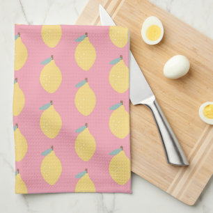 Pastel Yellow Lemons Pattern on Pink Kitchen Towel