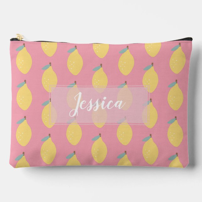 Pastel Yellow Lemons Pattern on Pink Personalised Accessory Pouch (Front)