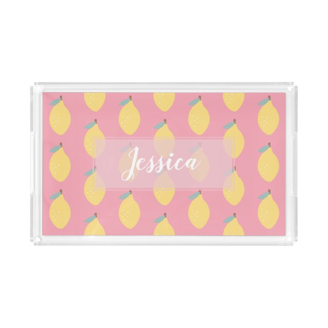 Pastel Yellow Lemons Pattern on Pink Personalised Acrylic Tray (Front)