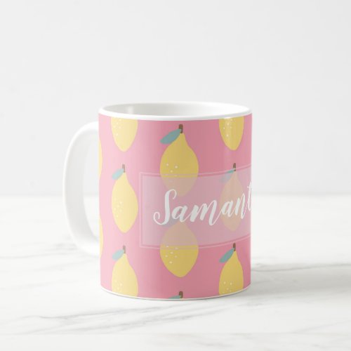 Pastel Yellow Lemons Pattern on Pink Personalised Coffee Mug