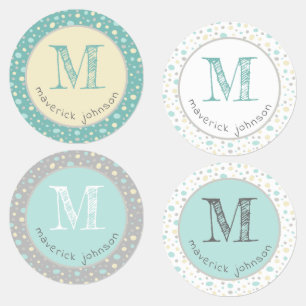 Pastel Yellow Mint Gray Cute Custom Monogram Kids' Labels