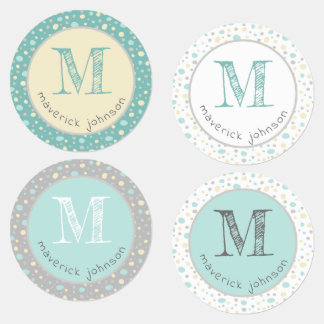 Pastel Yellow Mint Gray Cute Custom Monogram Kids' Labels