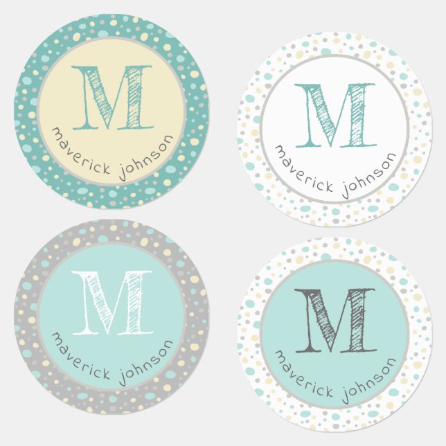 Pastel Yellow Mint Gray Cute Custom Monogram Kids' Labels (Group)