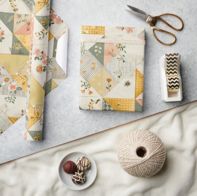 Pastel Yellow Peach Quilt Gingham Polka Dot  Wrapping Paper (Crafts)