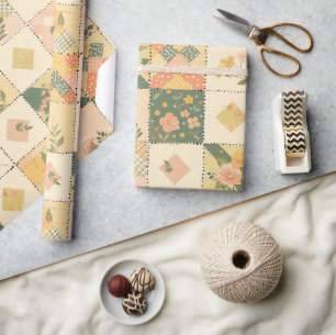 Pastel Yellow Peach Quilt Gingham Polka Dot Wrapping Paper
