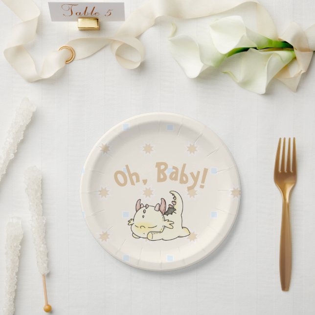 Pastel yellow pink baby dragon  paper plates (Wedding)