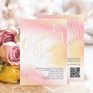Pastel Yellow Pink Watercolor RSVP QR Wedding Foil Invitation