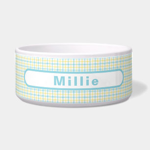 Pastel Yellow Plaid Custom Name Pet Food Water Bowl