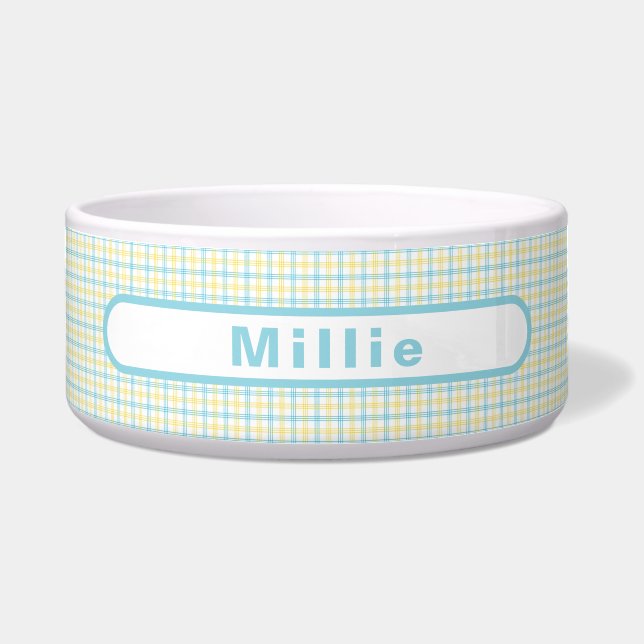 Pastel Yellow Plaid Custom Name Pet Food Water Bowl (Front)