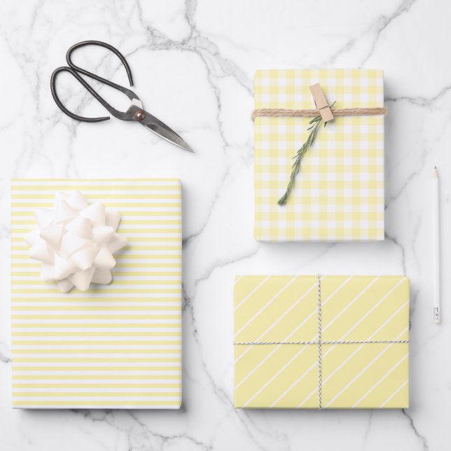 Pastel Yellow Plaid Striped Spring Wrapping Paper Sheets (Front)