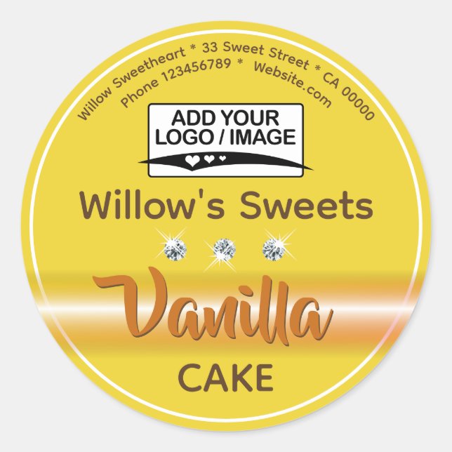 Pastel Yellow Rhinestone Cupcake Cake Pastry Label (Front)