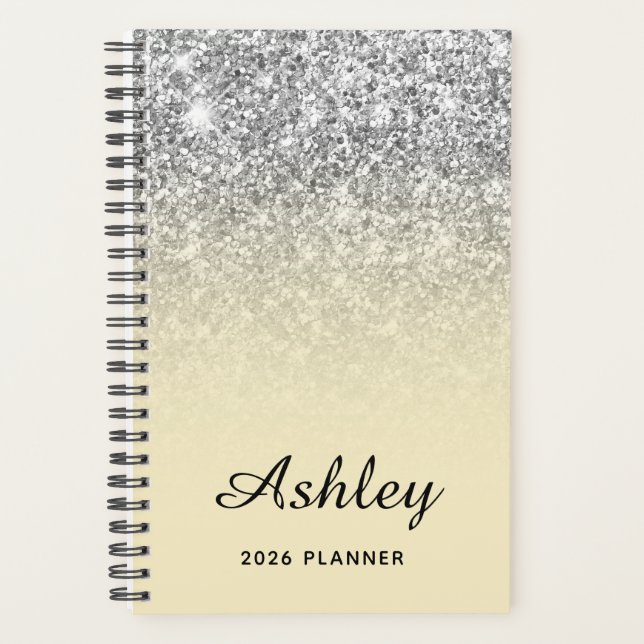 Pastel Yellow Silver Glitter Ombre Personalized Planner (Front)