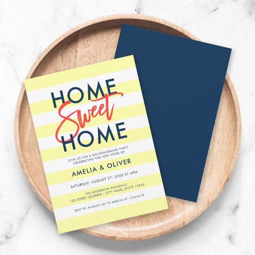 Pastel Yellow Stripes Blue Housewarming Party Invitation