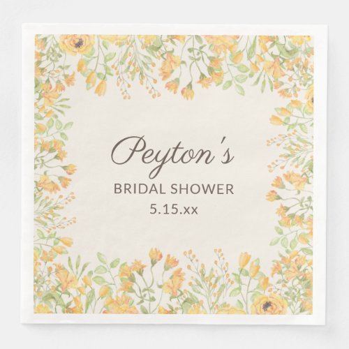 Pastel Yellow Watercolor Floral Bridal Shower  Paper Dinner Napkins
