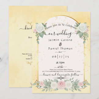 Pastel Yellow Watercolor Floral Gold Arch Wedding Invitation