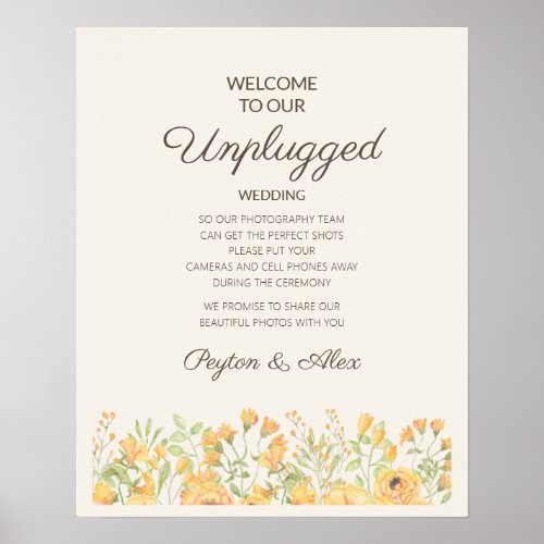 Pastel Yellow Watercolor Floral Unplugged Wedding Poster