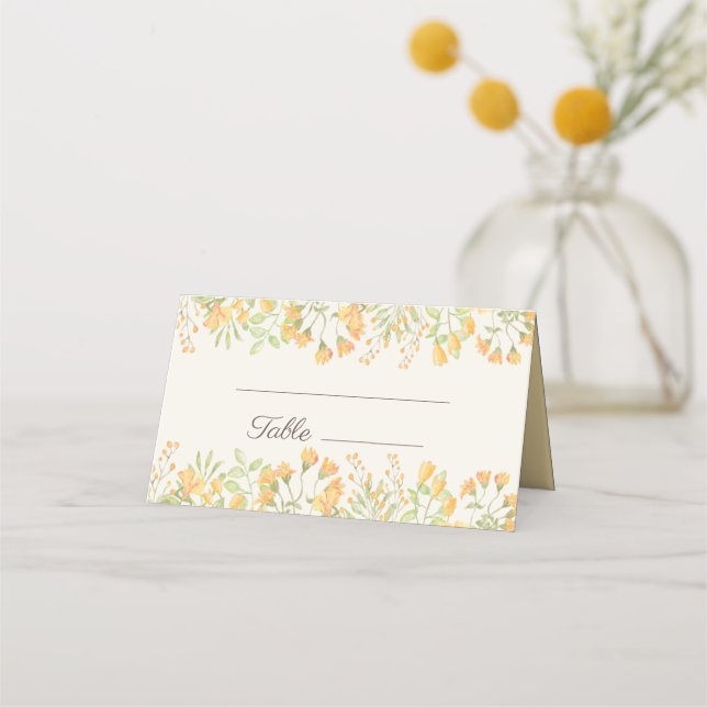 Pastel Yellow Watercolor Floral Wedding Reception  Place Card (Front)