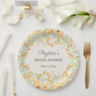 Pastel Yellow Watercolor Flowers Bridal Shower Pap Paper Plates