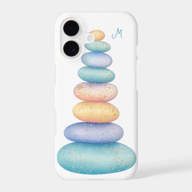 Pastel Zen Pebbles Stones Gold Accents Monogram iPhone Case (Back)
