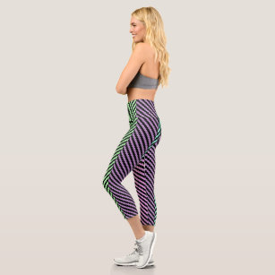 Funky Floral Purple Lime Green Stripes Pattern Capri Leggings