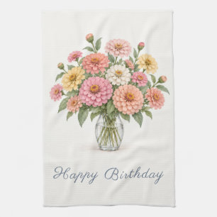 Pastel Zinnias Happy Birthday Kitchen Towel