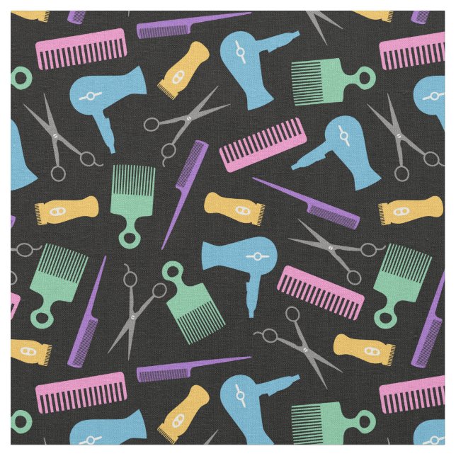 Pastels & Black Hair Tool Silhouette Pattern Fabric (Close Up)