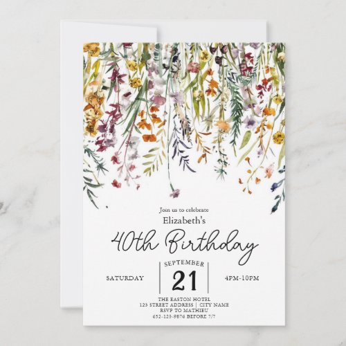 Pastels Chic Wildflowers 40th birthday  Invitation