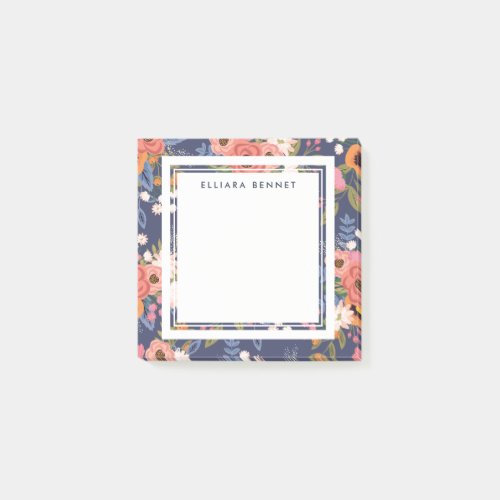 Pastels Dark Blue Boho Floral Pattern Custom Name Post_it Notes